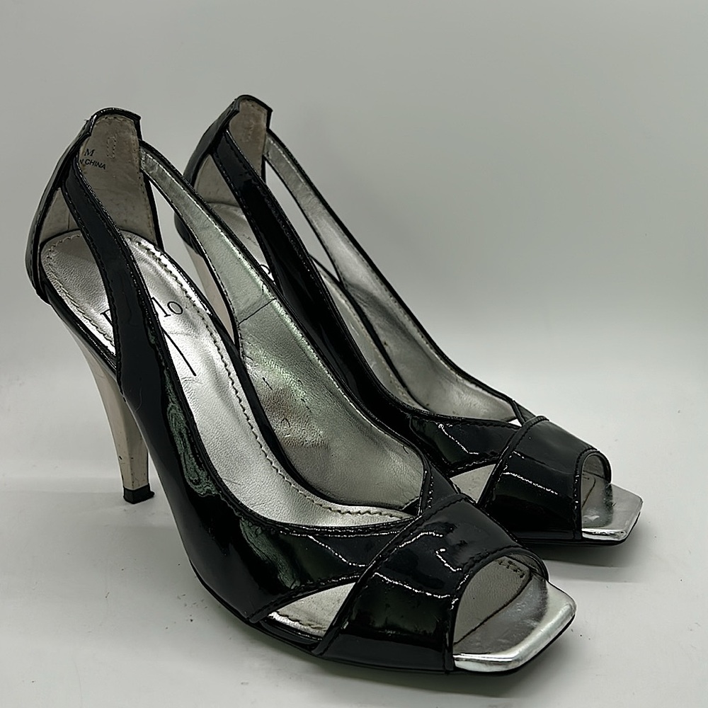 Linea Paolo Sexy Black/Silver Peep Toe Stiletto Heels Shoes **Size 6.5**🔥🔥 - Picture 1 of 9